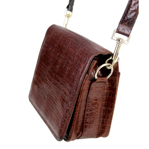 Neiman Marcus BROWN GENUINE LEATHER CROCO PRINT FLAP SHOULDER BAG X-BODY PURSE - Picture 4 of 15